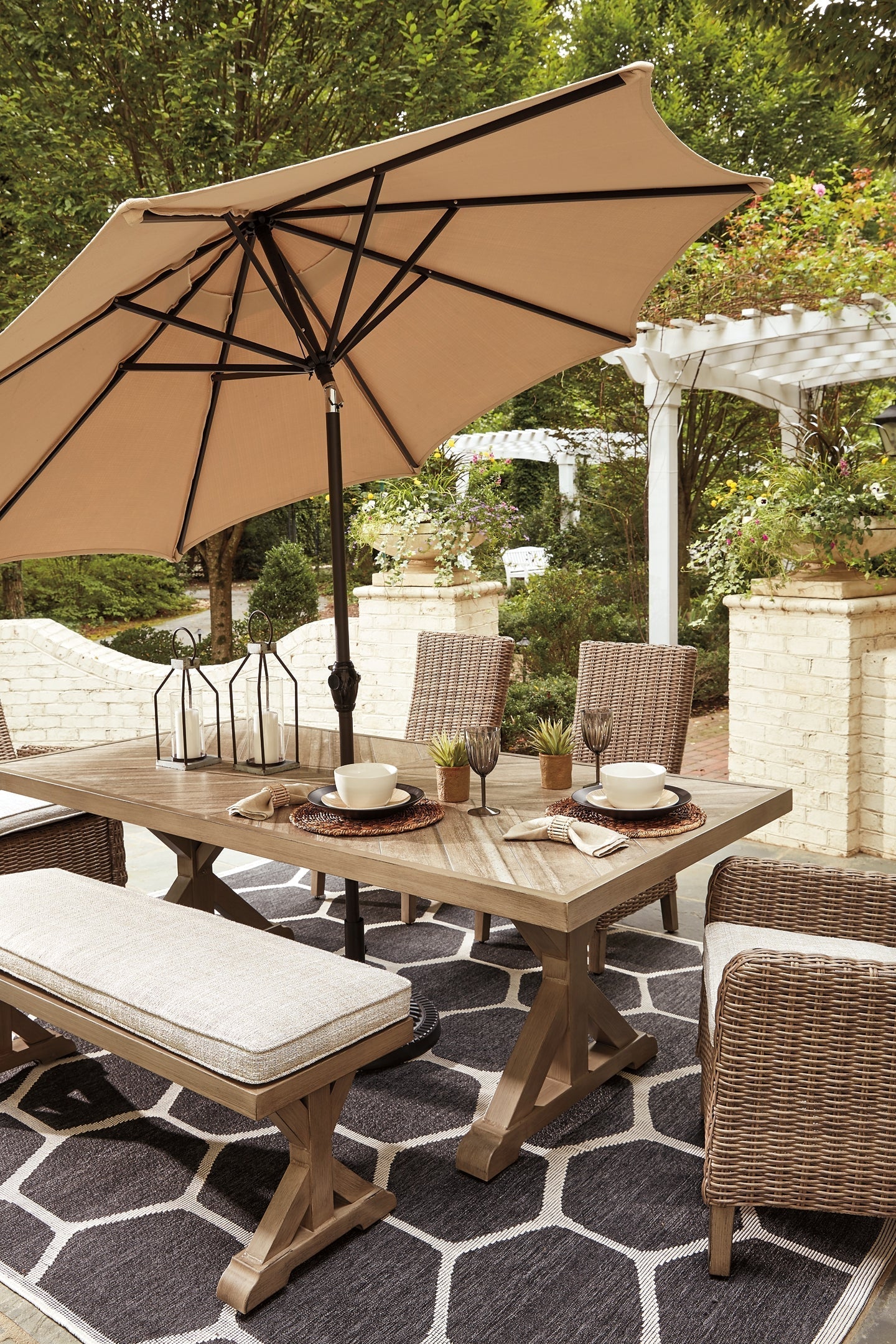 Beachcroft Outdoor Dining Table and 4 Chairs and Bench at Towne & Country Furniture (AL) furniture, home furniture, home decor, sofa, bedding