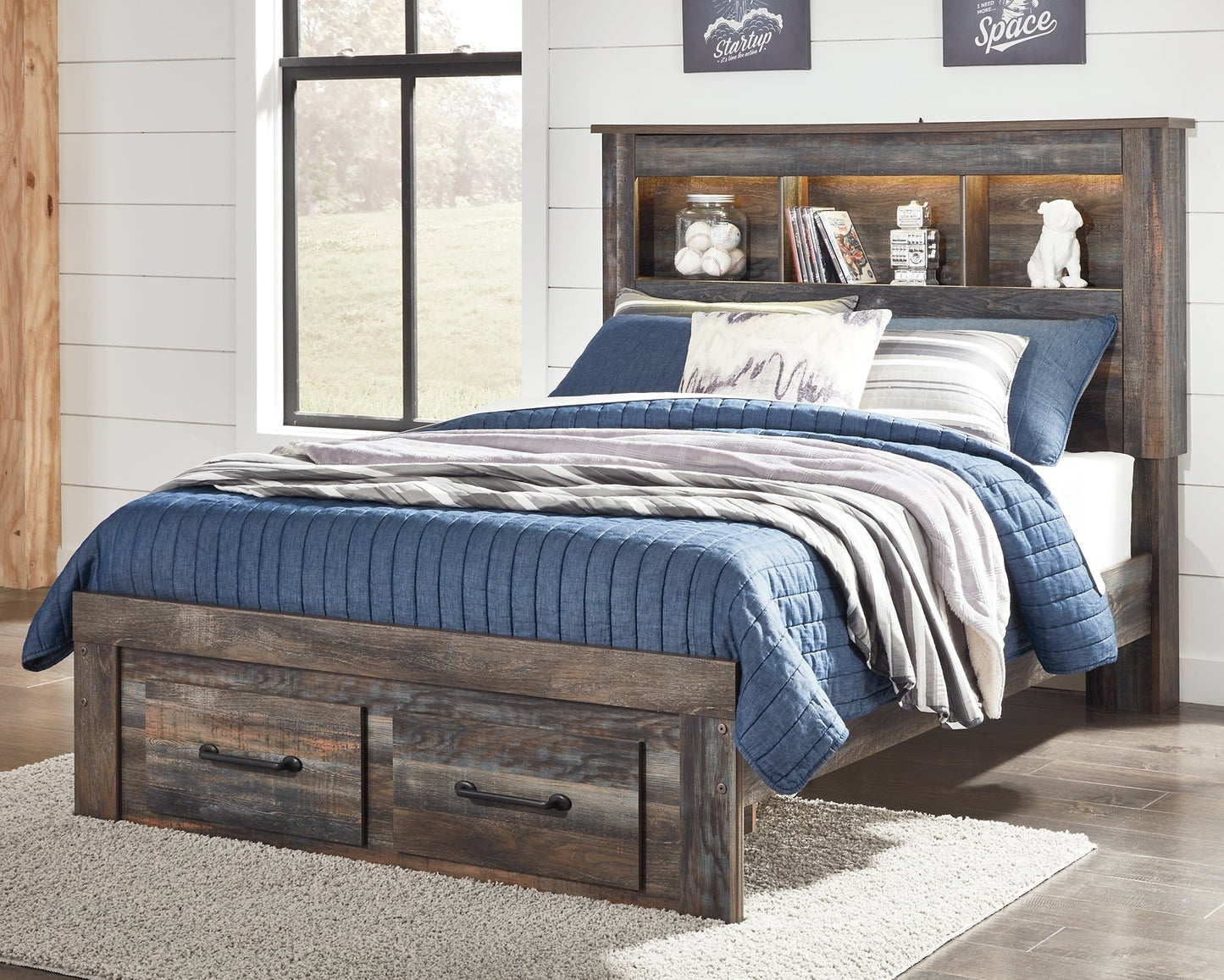 Drystan Full Bookcase Bed with 2 Storage Drawers with Mirrored Dresser and Chest at Towne & Country Furniture (AL) furniture, home furniture, home decor, sofa, bedding