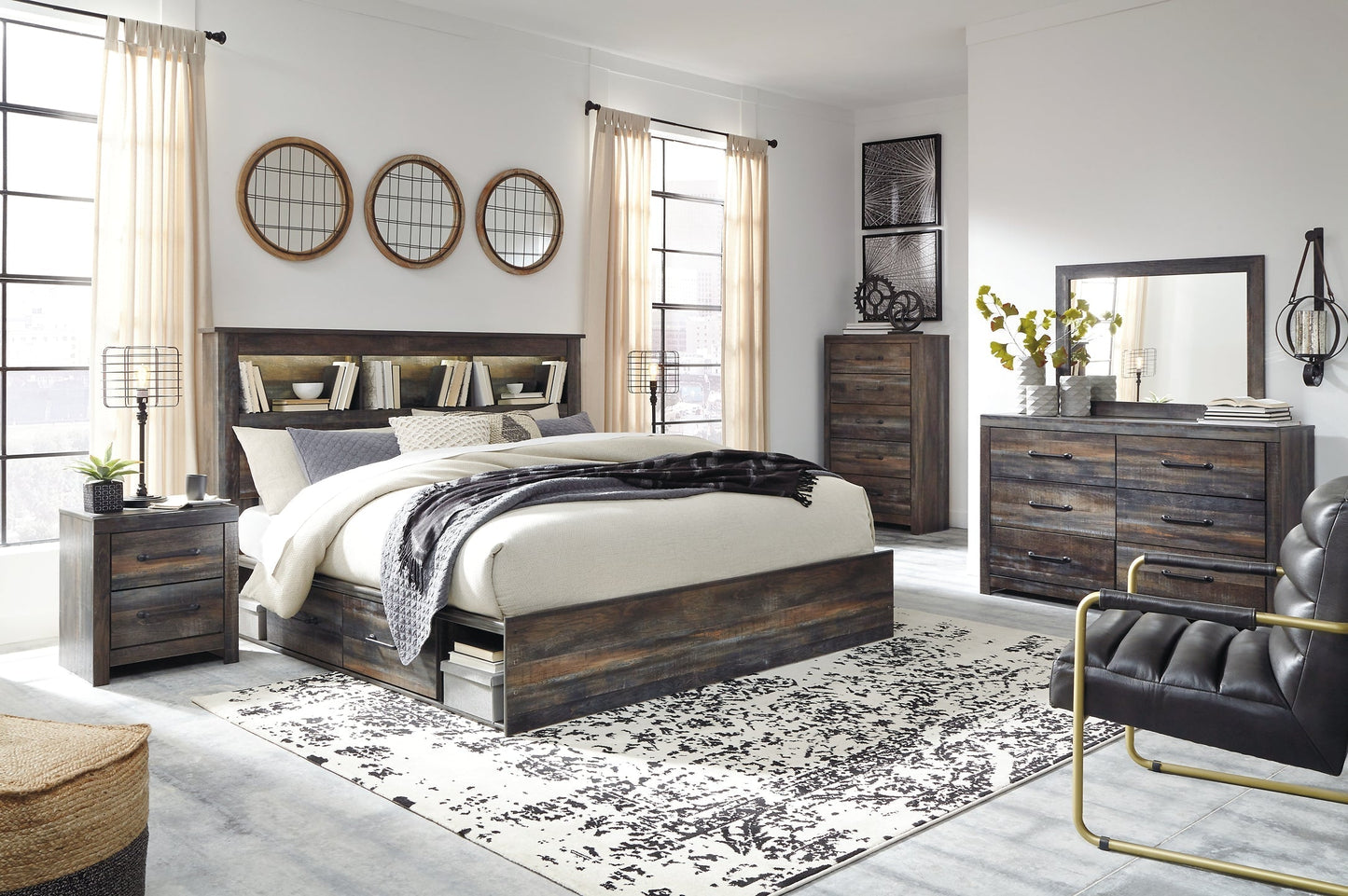 Drystan King/California King Bookcase Headboard with Mirrored Dresser, Chest and 2 Nightstands at Towne & Country Furniture (AL) furniture, home furniture, home decor, sofa, bedding