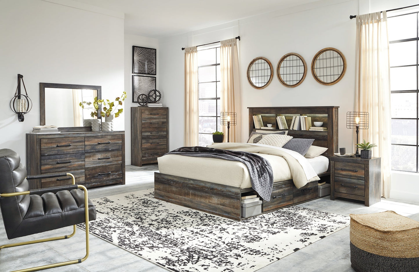 Drystan Queen Bookcase Bed with 2 Storage Drawers with Mirrored Dresser, Chest and 2 Nightstands at Towne & Country Furniture (AL) furniture, home furniture, home decor, sofa, bedding