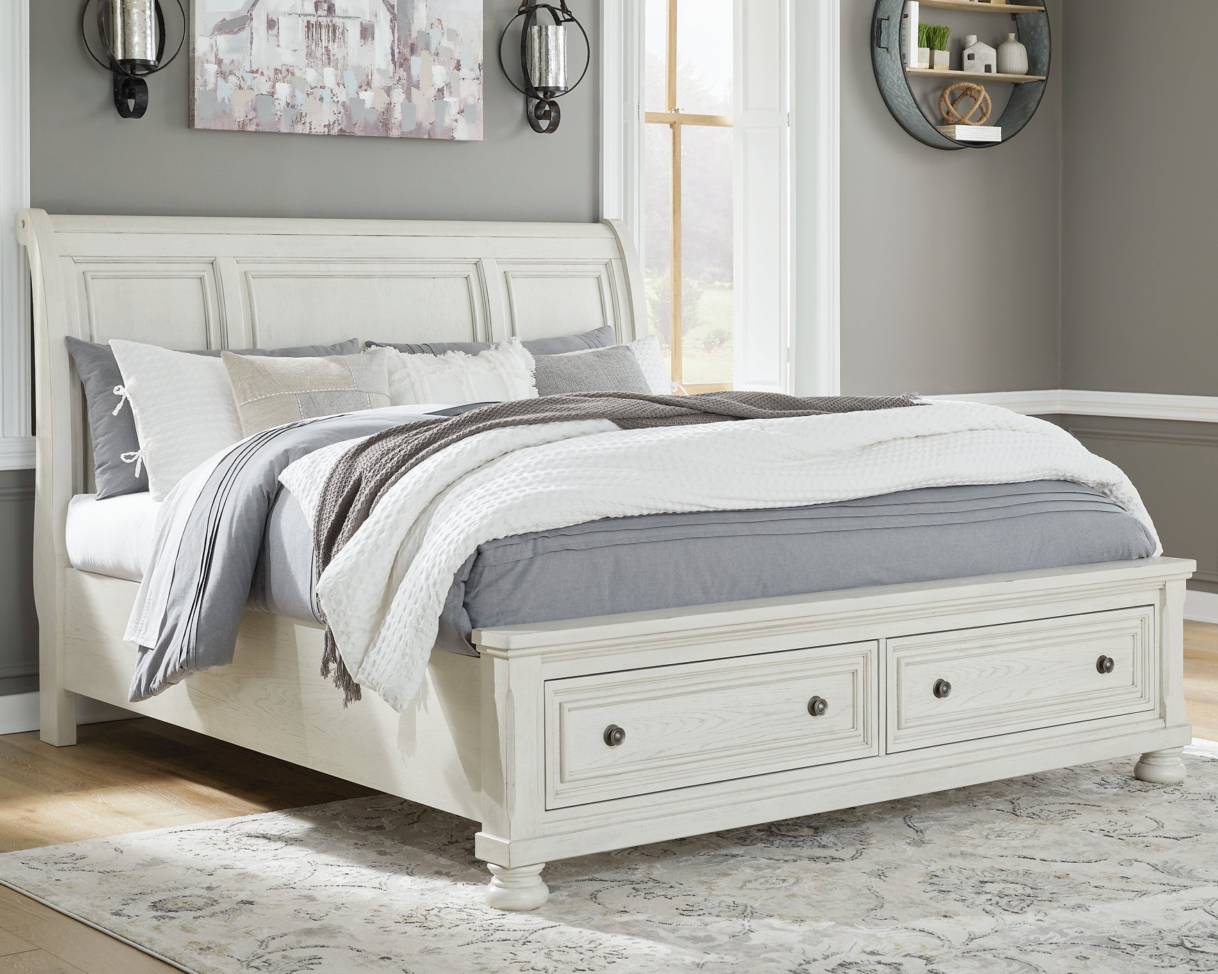 Robbinsdale California King Sleigh Bed with Storage with Mirrored Dresser at Towne & Country Furniture (AL) furniture, home furniture, home decor, sofa, bedding
