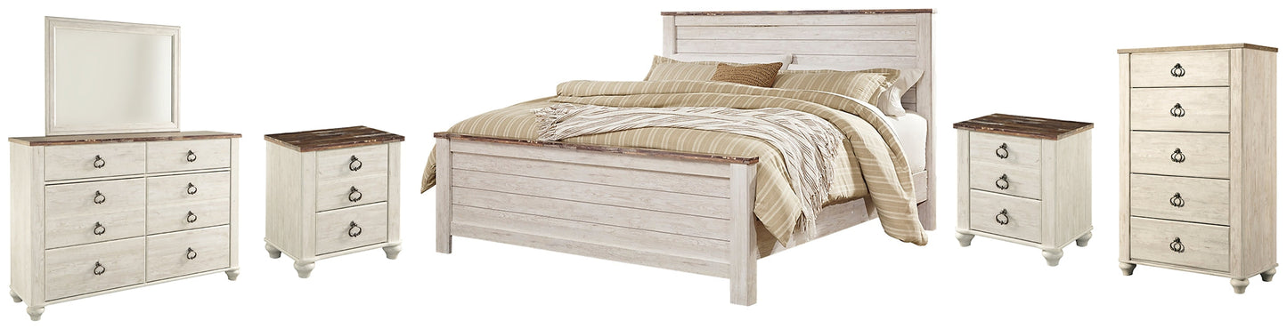Willowton  Panel Bed With Mirrored Dresser, Chest And 2 Nightstands at Towne & Country Furniture (AL) furniture, home furniture, home decor, sofa, bedding