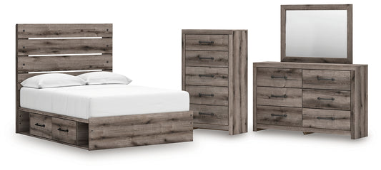 Graystorm Full Panel Bed with Storage with Mirrored Dresser and Chest
