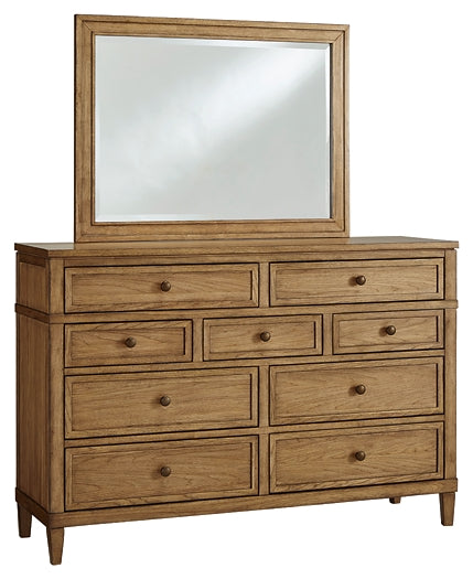 Sharlance California King Upholstered Panel Bed with Mirrored Dresser and Chest