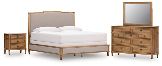 Sharlance King Upholstered Panel Bed with Mirrored Dresser and Nightstand