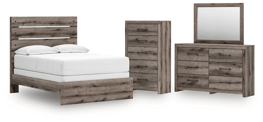 Graystorm Full Panel Bed with Mirrored Dresser and Chest