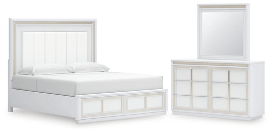Chalanna King Upholstered Storage Bed with Mirrored Dresser