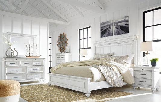 Kanwyn King Panel Bed with Mirrored Dresser, Chest and Nightstand