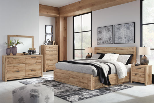 Hyanna King Panel Storage Bed with 2 Under Bed Storage Drawers, Dresser, Mirror, Chest and Nightstand