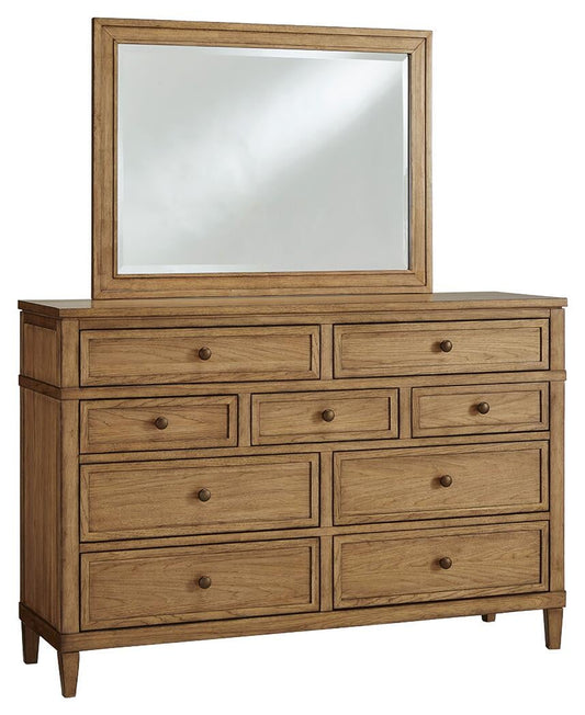Sharlance California King Upholstered Panel Bed, Dresser and Mirror