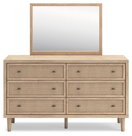 Cielden Queen Upholstered Bed with Roll Slats, Dresser and Mirror
