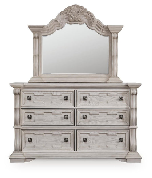 Andonhall California King Upholstered Panel Bed with Mirrored Dresser and Nightstand