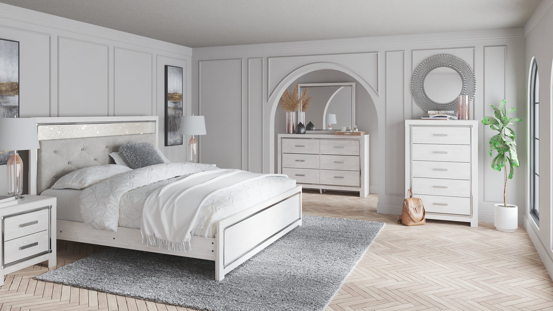 Altyra King Panel Bed with Mirrored Dresser, Chest and 2 Nightstands at Towne & Country Furniture (AL) furniture, home furniture, home decor, sofa, bedding