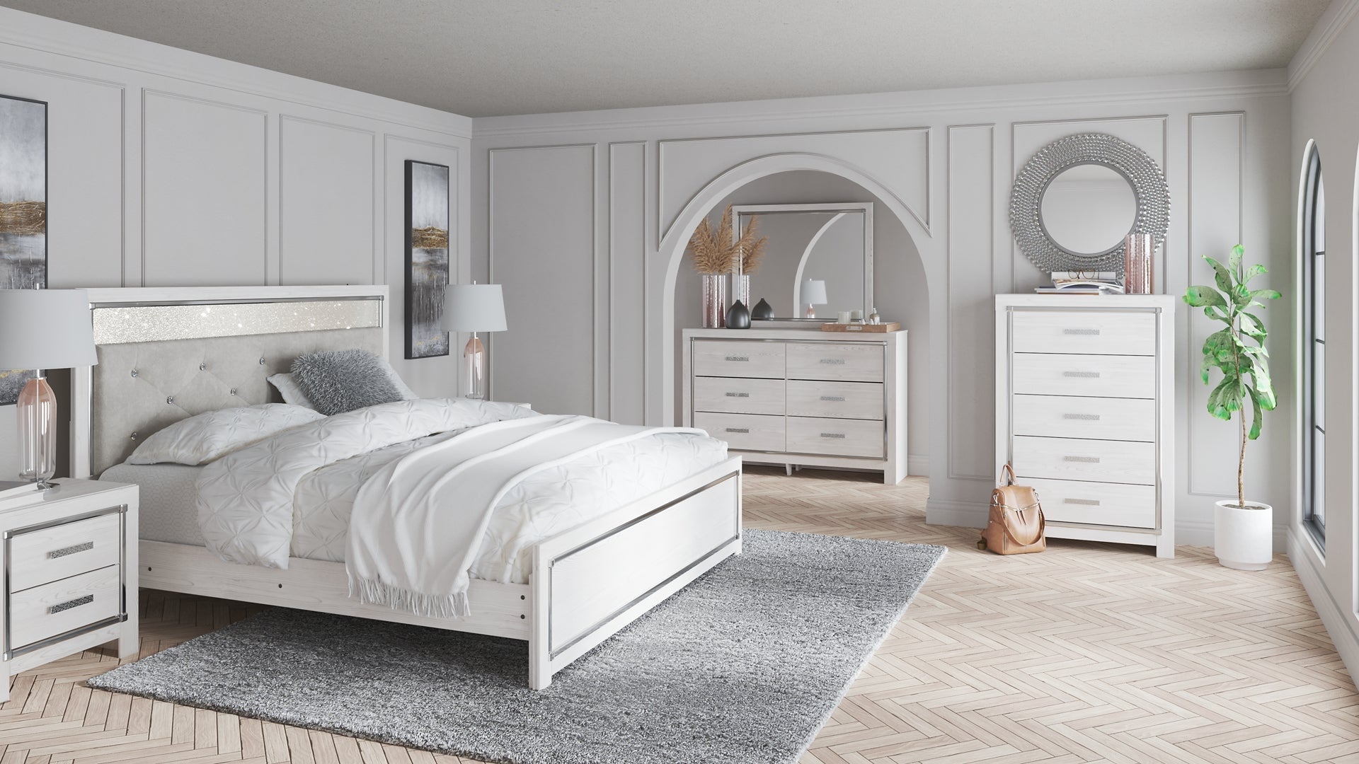 Altyra King Panel Bed with Mirrored Dresser, Chest and Nightstand at Towne & Country Furniture (AL) furniture, home furniture, home decor, sofa, bedding