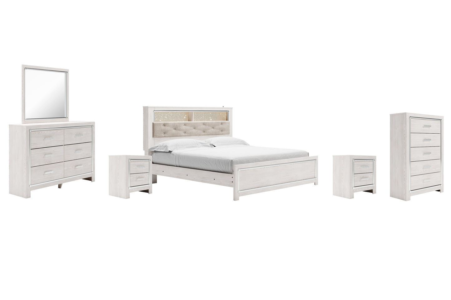 Altyra King Panel Bookcase Bed with Mirrored Dresser, Chest and 2 Nightstands at Towne & Country Furniture (AL) furniture, home furniture, home decor, sofa, bedding