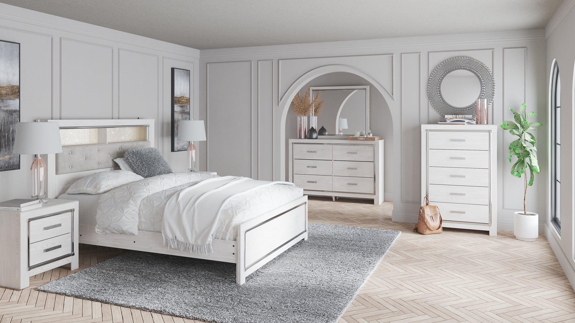 Altyra Queen Panel Bookcase Bed with Mirrored Dresser, Chest and Nightstand at Towne & Country Furniture (AL) furniture, home furniture, home decor, sofa, bedding