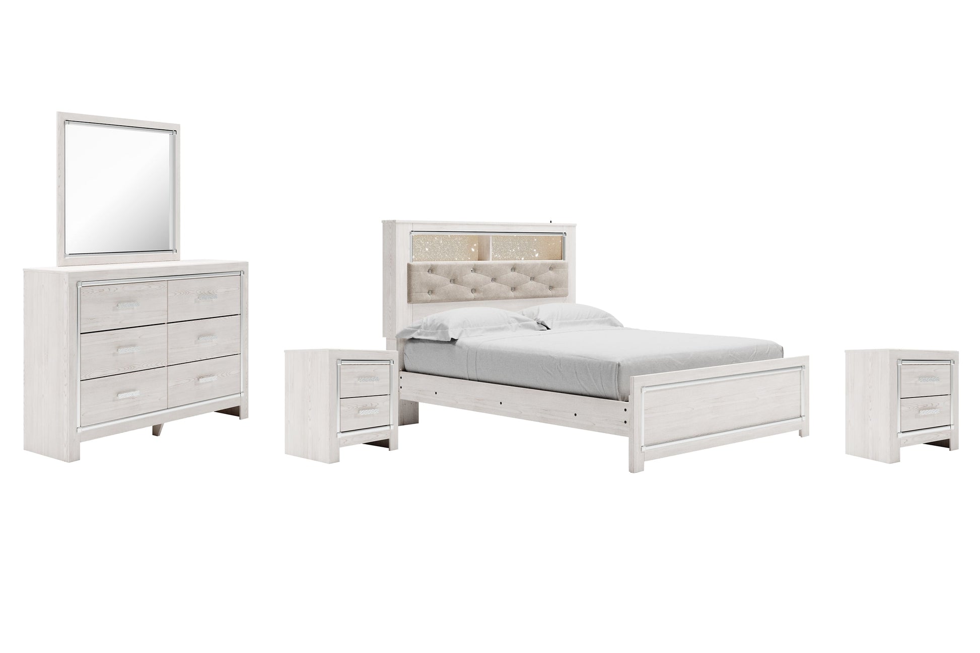 Altyra Queen Panel Bookcase Bed with Mirrored Dresser and 2 Nightstands at Towne & Country Furniture (AL) furniture, home furniture, home decor, sofa, bedding