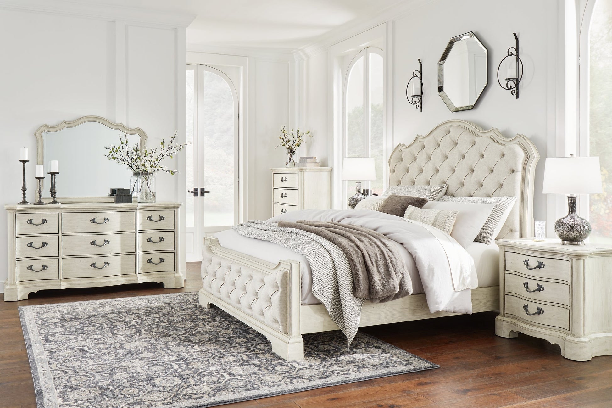 Arlendyne California King Upholstered Bed with Mirrored Dresser, Chest and 2 Nightstands at Towne & Country Furniture (AL) furniture, home furniture, home decor, sofa, bedding