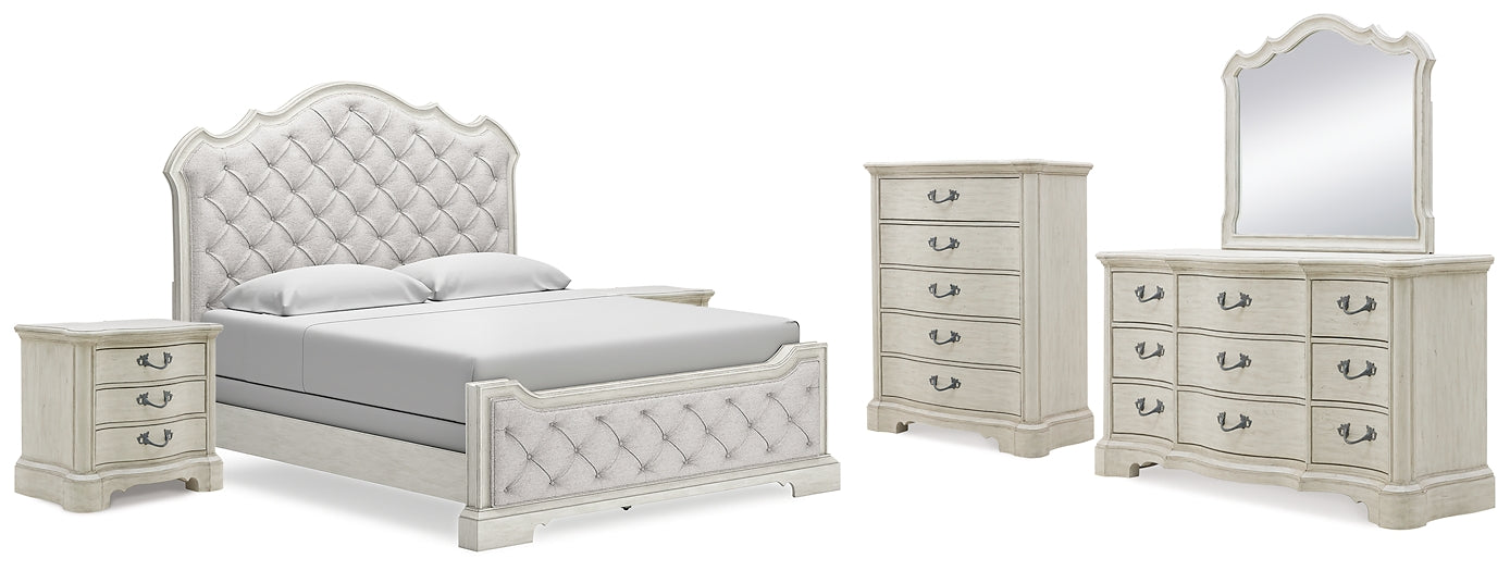 Arlendyne California King Upholstered Bed with Mirrored Dresser, Chest and 2 Nightstands at Towne & Country Furniture (AL) furniture, home furniture, home decor, sofa, bedding