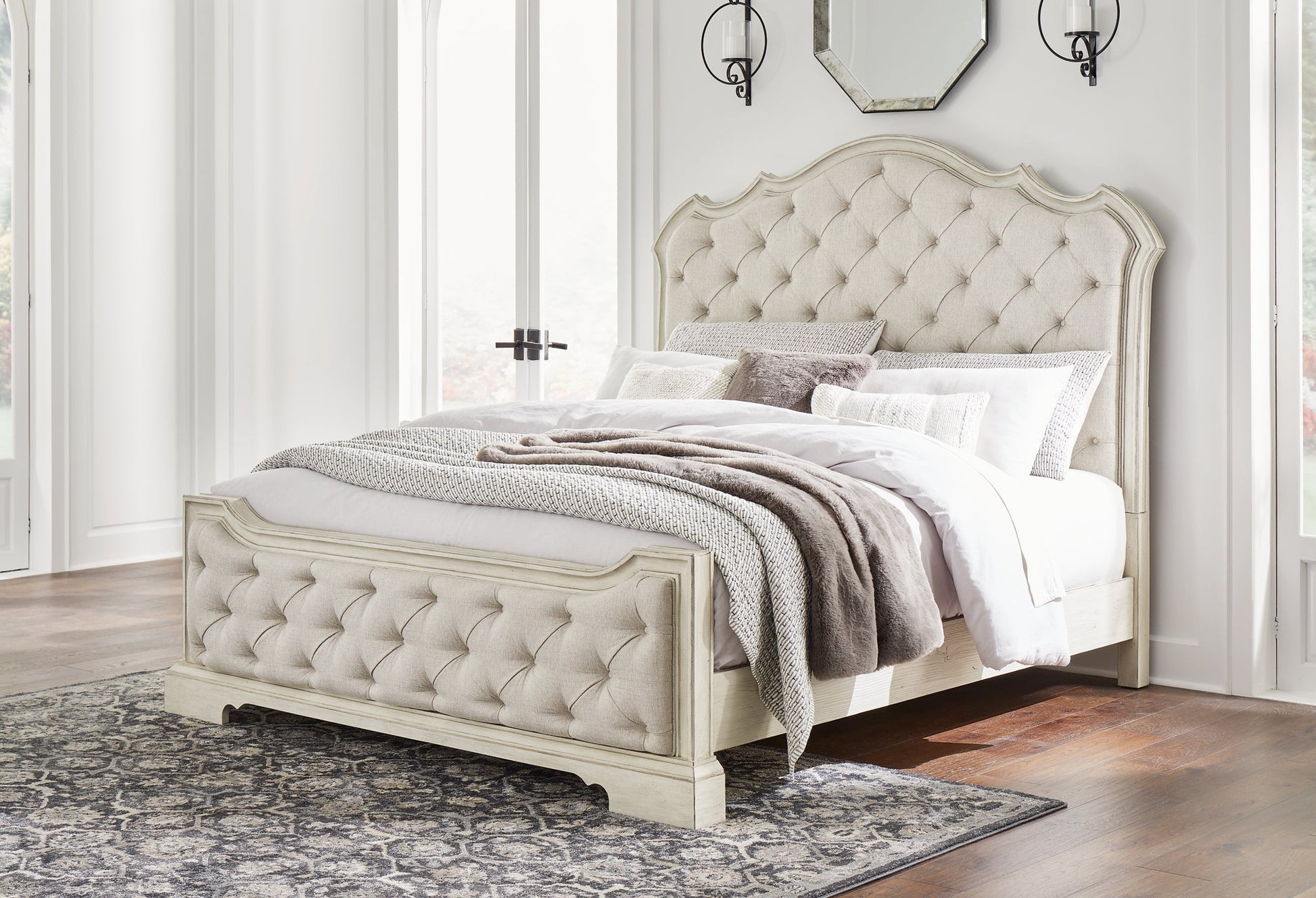 Arlendyne California King Upholstered Bed with Mirrored Dresser, Chest and 2 Nightstands at Towne & Country Furniture (AL) furniture, home furniture, home decor, sofa, bedding