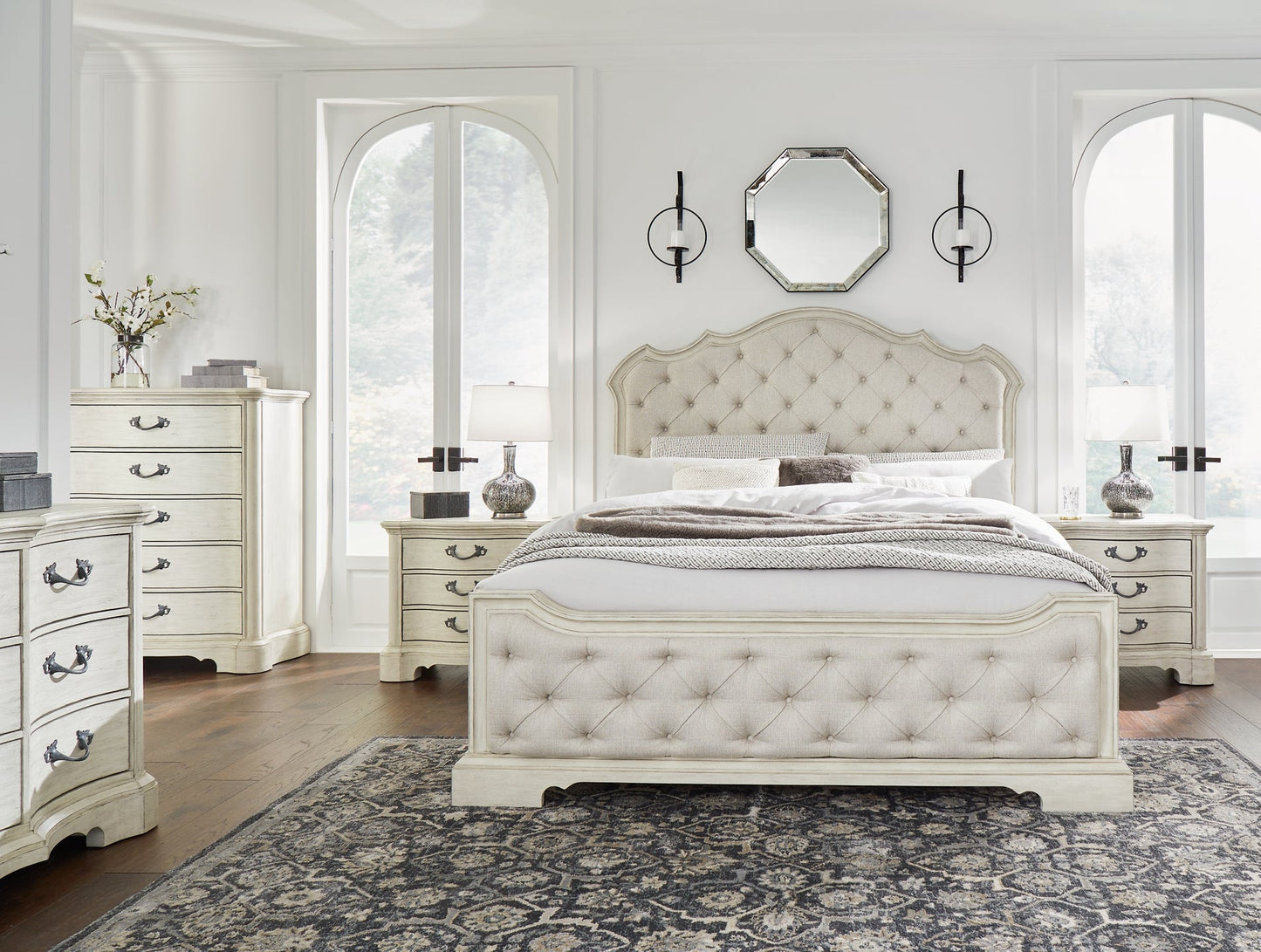 Arlendyne California King Upholstered Bed with Mirrored Dresser, Chest and 2 Nightstands at Towne & Country Furniture (AL) furniture, home furniture, home decor, sofa, bedding