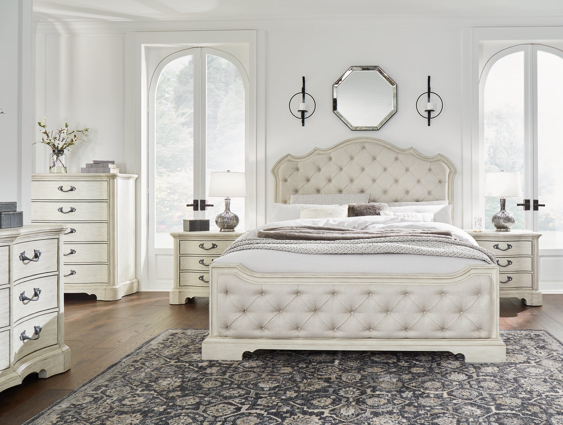 Arlendyne California King Upholstered Bed with Mirrored Dresser, Chest and 2 Nightstands at Towne & Country Furniture (AL) furniture, home furniture, home decor, sofa, bedding