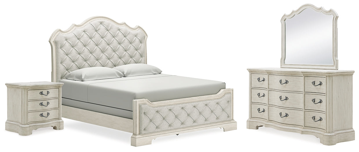 Arlendyne California King Upholstered Bed with Mirrored Dresser and Nightstand at Towne & Country Furniture (AL) furniture, home furniture, home decor, sofa, bedding