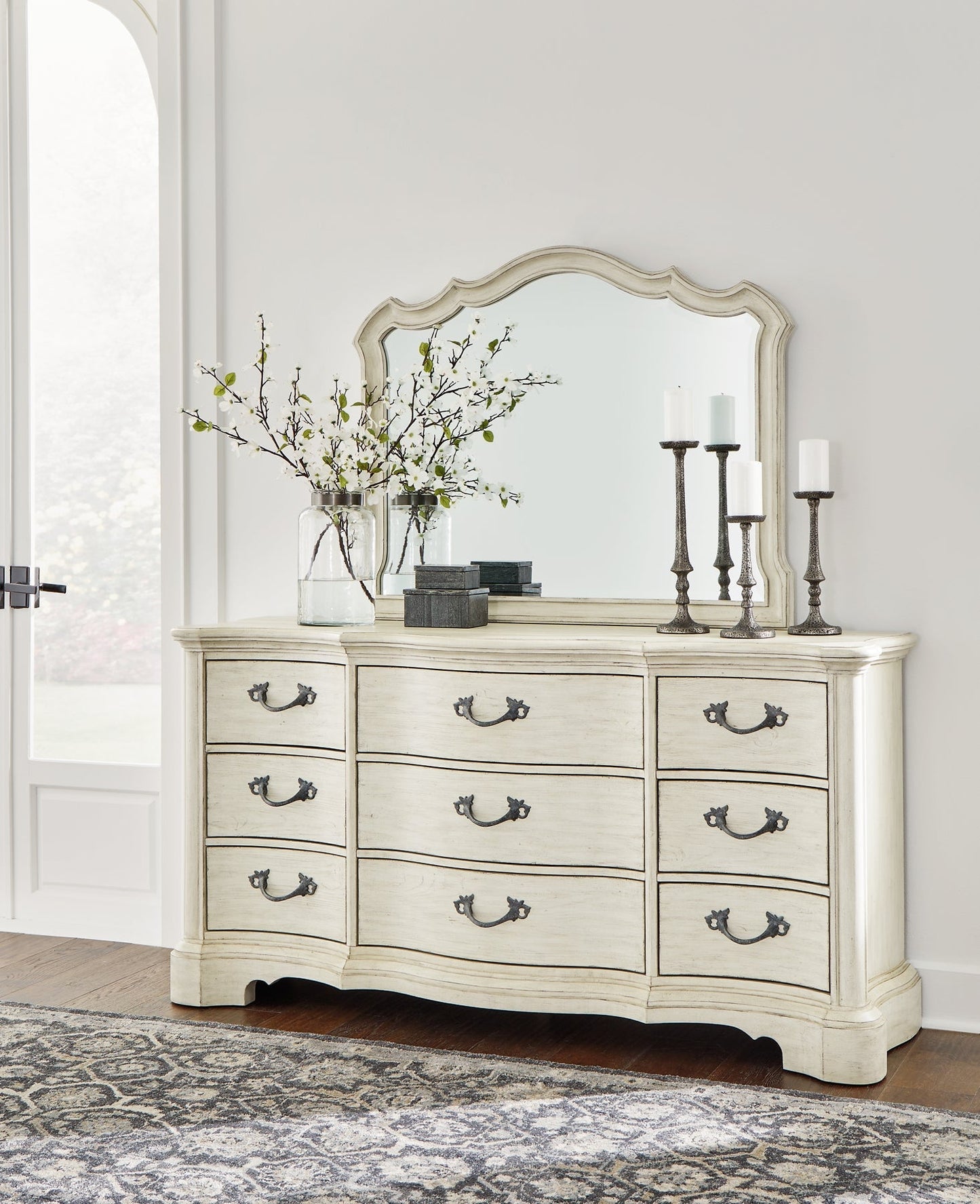 Arlendyne California King Upholstered Bed with Mirrored Dresser and Nightstand at Towne & Country Furniture (AL) furniture, home furniture, home decor, sofa, bedding