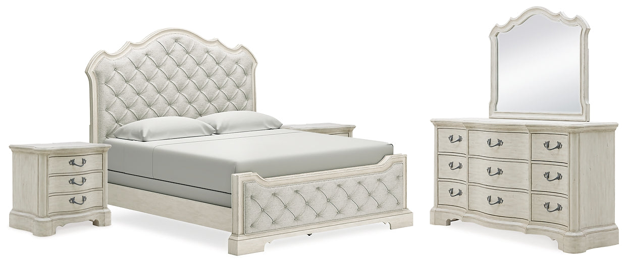 Arlendyne King Upholstered Bed with Mirrored Dresser and 2 Nightstands at Towne & Country Furniture (AL) furniture, home furniture, home decor, sofa, bedding