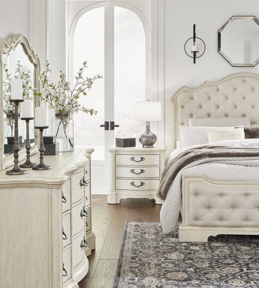 Arlendyne King Upholstered Bed with Mirrored Dresser and Nightstand at Towne & Country Furniture (AL) furniture, home furniture, home decor, sofa, bedding