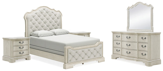 Arlendyne Queen Upholstered Bed with Mirrored Dresser and 2 Nightstands at Towne & Country Furniture (AL) furniture, home furniture, home decor, sofa, bedding