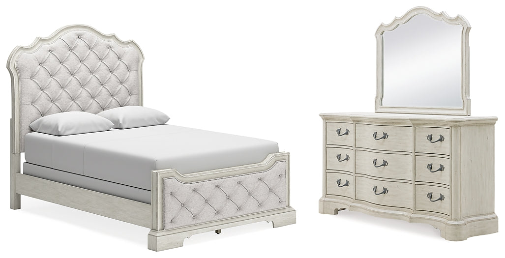 Arlendyne Queen Upholstered Bed with Mirrored Dresser at Towne & Country Furniture (AL) furniture, home furniture, home decor, sofa, bedding