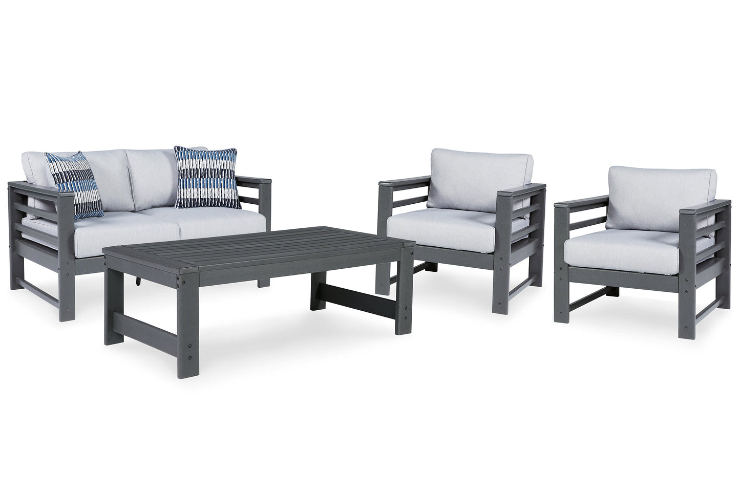 Ashley Express - Amora Outdoor Loveseat and 2 Chairs with Coffee Table at Towne & Country Furniture (AL) furniture, home furniture, home decor, sofa, bedding