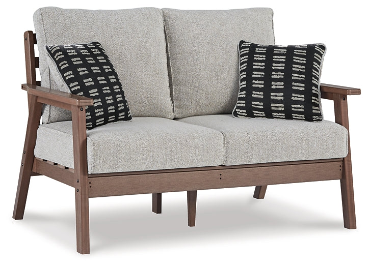 Ashley Express - Emmeline Outdoor Loveseat and 2 Chairs with Coffee Table at Towne & Country Furniture (AL) furniture, home furniture, home decor, sofa, bedding