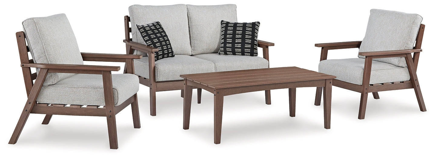 Ashley Express - Emmeline Outdoor Loveseat and 2 Chairs with Coffee Table at Towne & Country Furniture (AL) furniture, home furniture, home decor, sofa, bedding