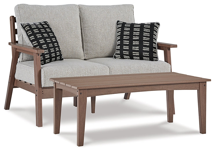 Ashley Express - Emmeline Outdoor Loveseat with Coffee Table at Towne & Country Furniture (AL) furniture, home furniture, home decor, sofa, bedding