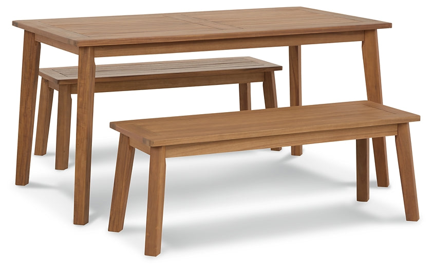 Ashley Express - Janiyah Outdoor Dining Table and 2 Benches at Towne & Country Furniture (AL) furniture, home furniture, home decor, sofa, bedding