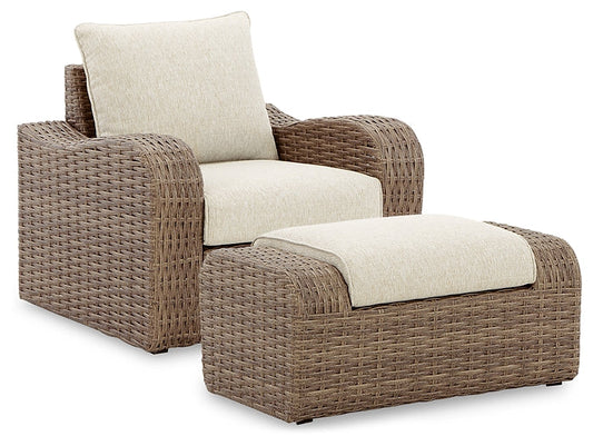Ashley Express - Sandy Bloom Outdoor Lounge Chair and Ottoman at Towne & Country Furniture (AL) furniture, home furniture, home decor, sofa, bedding