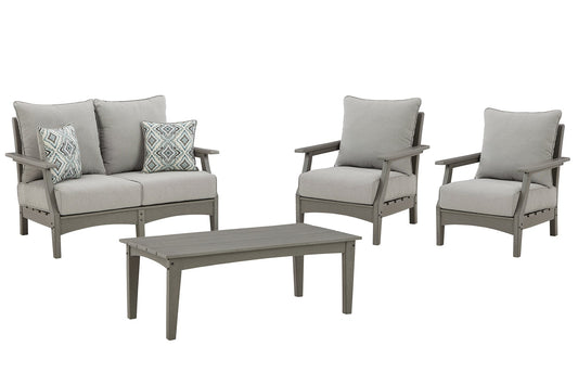 Ashley Express - Visola Outdoor Loveseat and 2 Lounge Chairs with Coffee Table at Towne & Country Furniture (AL) furniture, home furniture, home decor, sofa, bedding