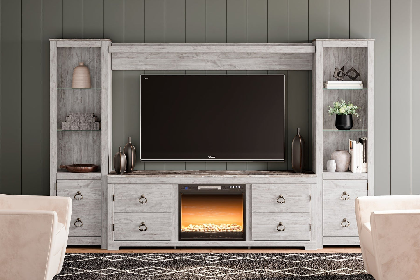 Ashley Express - Willowton 4-Piece Entertainment Center with Electric Fireplace at Towne & Country Furniture (AL) furniture, home furniture, home decor, sofa, bedding