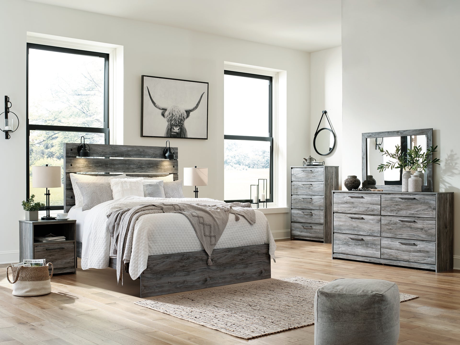 Baystorm Queen Panel Bed with Mirrored Dresser, Chest and Nightstand at Towne & Country Furniture (AL) furniture, home furniture, home decor, sofa, bedding