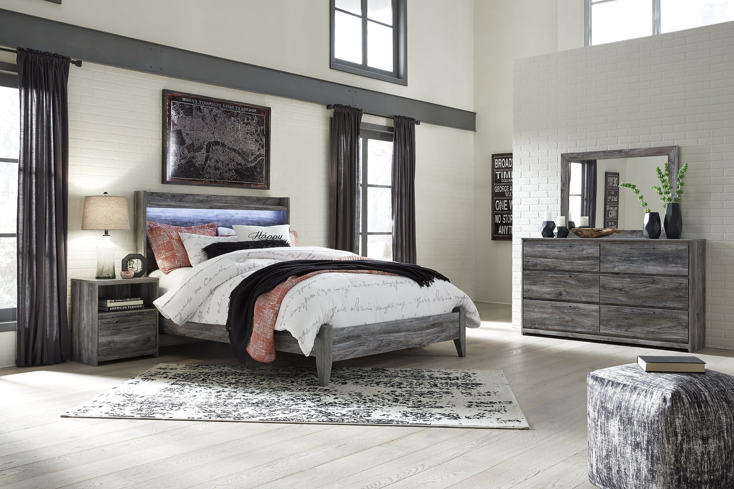 Baystorm Queen Panel Bed with Mirrored Dresser and Nightstand at Towne & Country Furniture (AL) furniture, home furniture, home decor, sofa, bedding