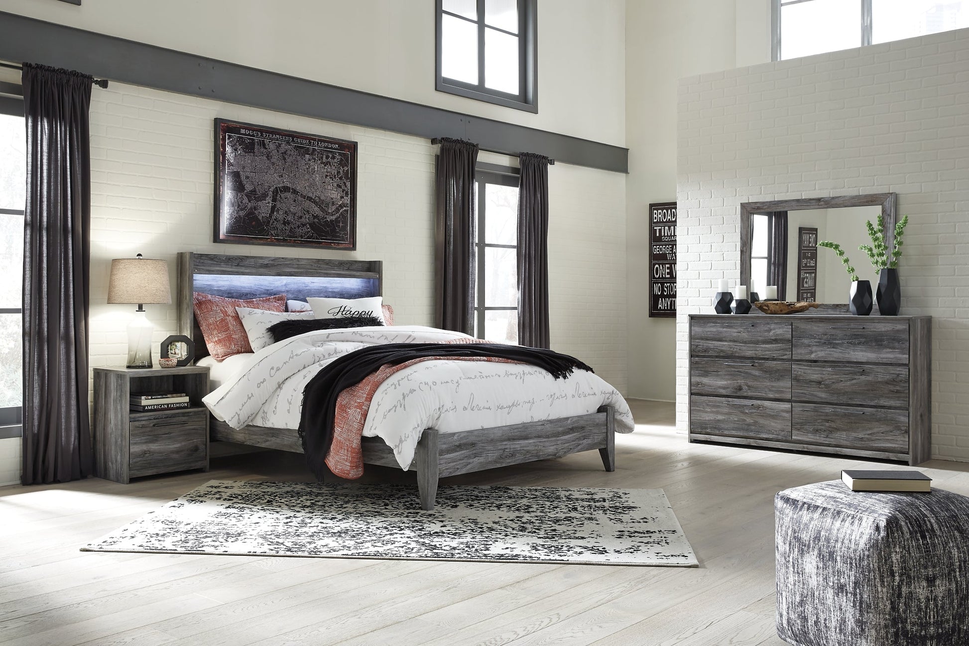 Baystorm Queen Panel Bed with Mirrored Dresser and Nightstand at Towne & Country Furniture (AL) furniture, home furniture, home decor, sofa, bedding