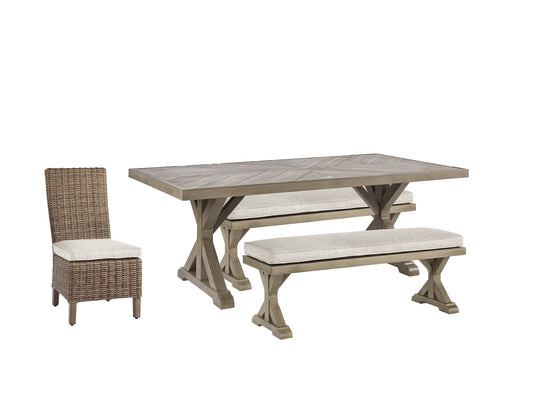 Beachcroft Outdoor Dining Table and 4 Chairs and Bench at Towne & Country Furniture (AL) furniture, home furniture, home decor, sofa, bedding