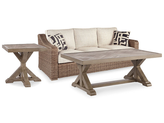 Beachcroft Outdoor Sofa with Coffee Table and End Table at Towne & Country Furniture (AL) furniture, home furniture, home decor, sofa, bedding