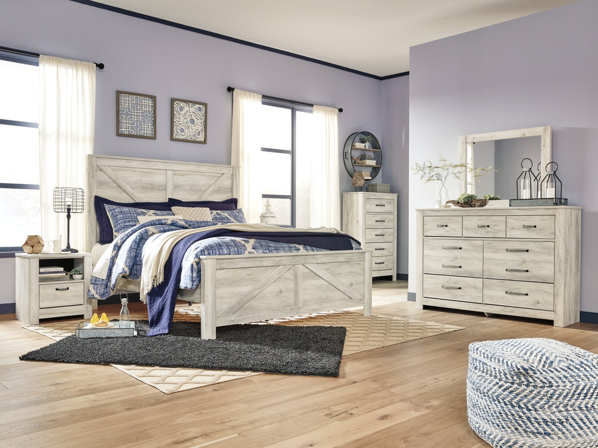 Bellaby  Crossbuck Panel Bed With Mirrored Dresser, Chest And 2 Nightstands at Towne & Country Furniture (AL) furniture, home furniture, home decor, sofa, bedding