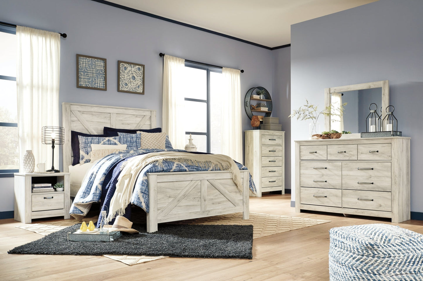 Bellaby  Crossbuck Panel Bed With Mirrored Dresser, Chest And 2 Nightstands at Towne & Country Furniture (AL) furniture, home furniture, home decor, sofa, bedding