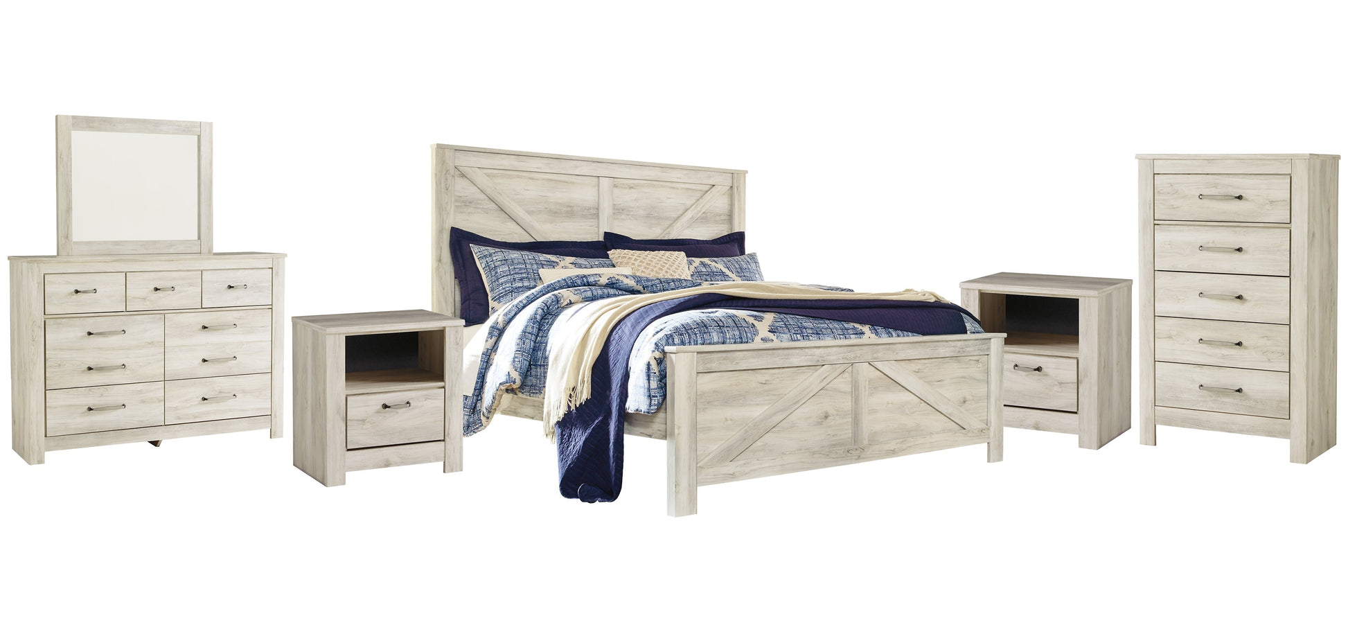 Bellaby Queen Crossbuck Panel Bed with Mirrored Dresser, Chest and 2 Nightstands at Towne & Country Furniture (AL) furniture, home furniture, home decor, sofa, bedding