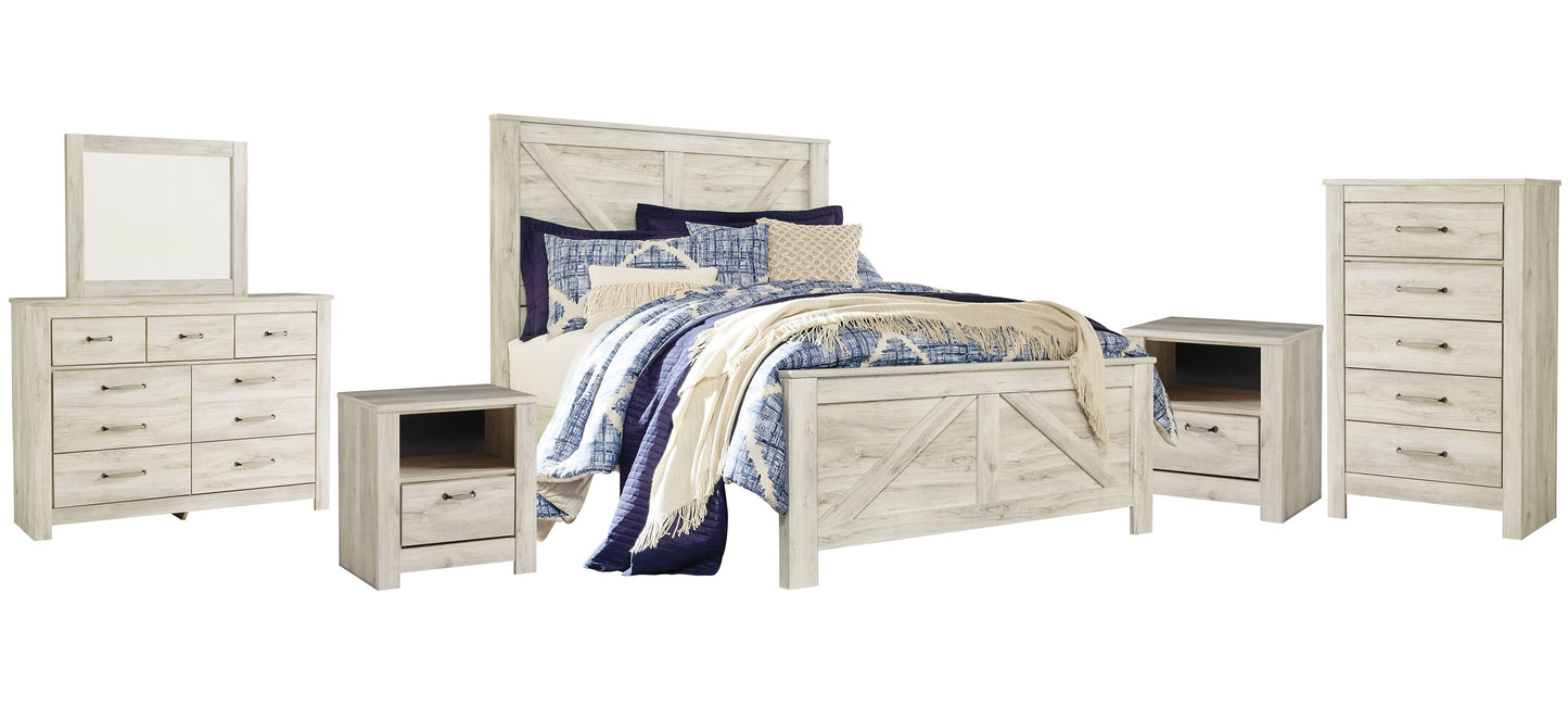 Bellaby Queen Crossbuck Panel Bed with Mirrored Dresser, Chest and 2 Nightstands at Towne & Country Furniture (AL) furniture, home furniture, home decor, sofa, bedding