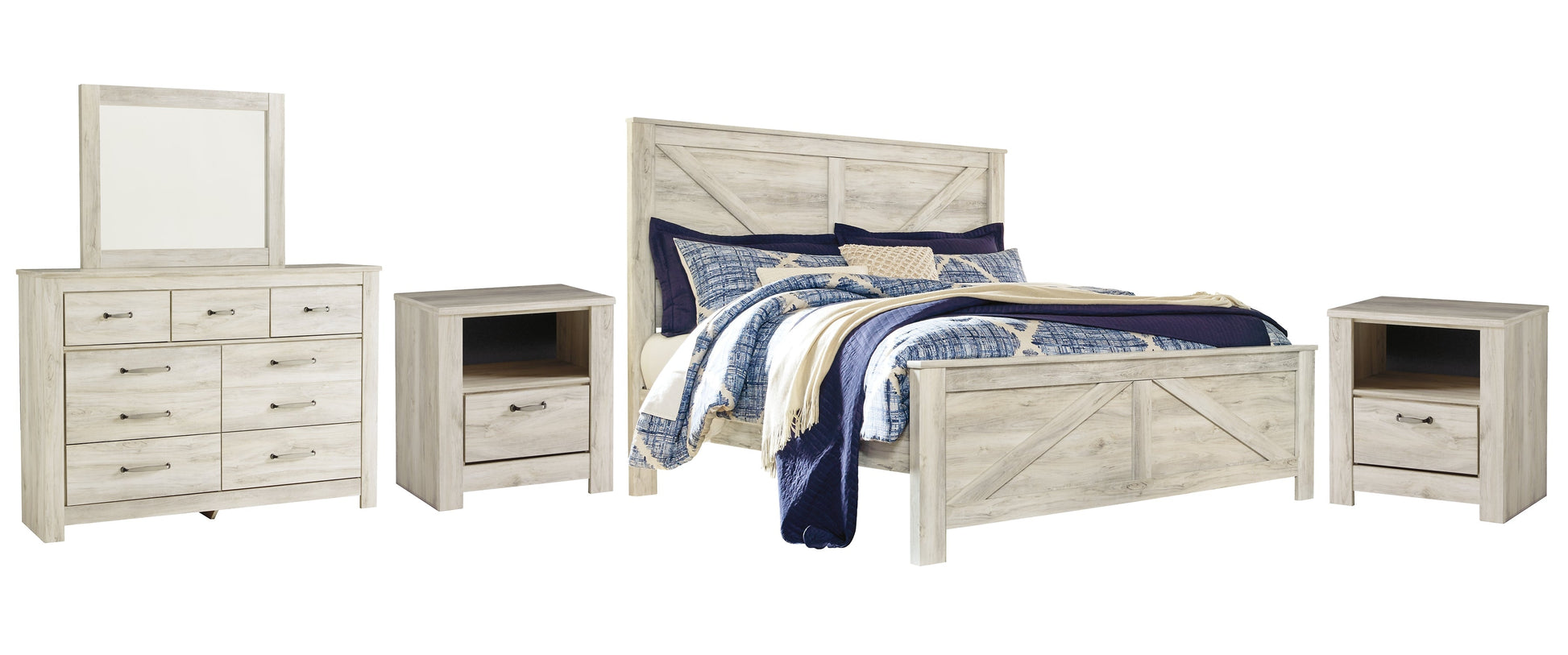 Bellaby Queen Crossbuck Panel Bed with Mirrored Dresser and 2 Nightstands at Towne & Country Furniture (AL) furniture, home furniture, home decor, sofa, bedding